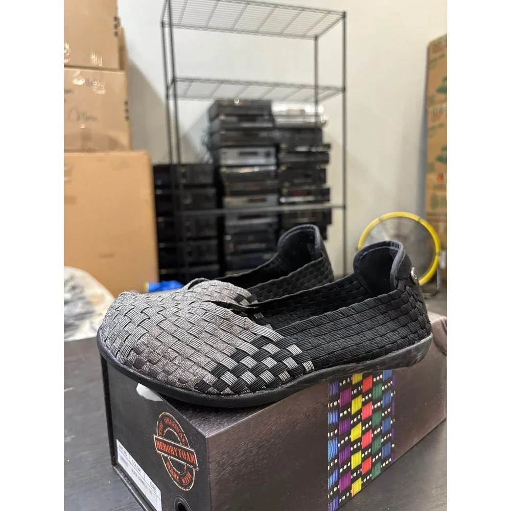 Bernie Mev Catniss Black Gunmetal Woven Elastic Flats Size 36 US 5-5.5